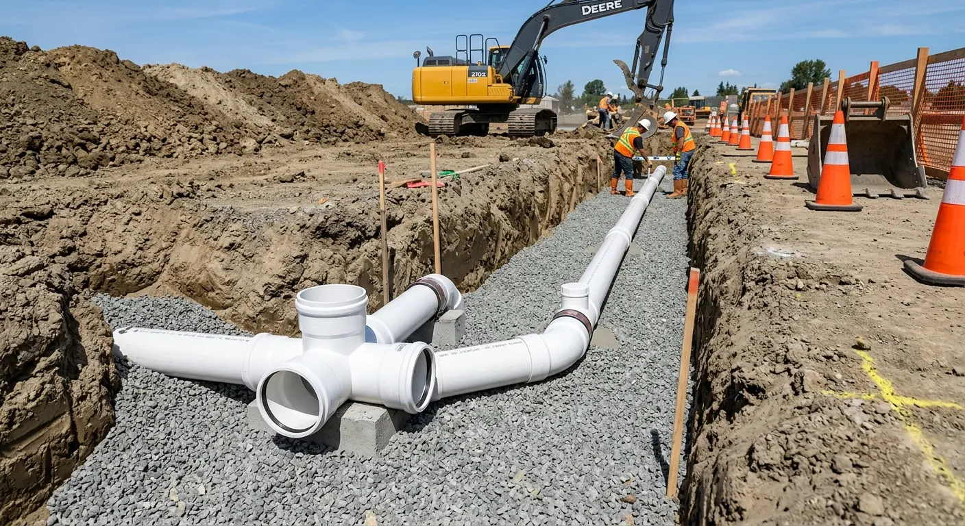 New PVC sewer pipe installation in open trench for Commercial Drain Cleaning in Fort Wright