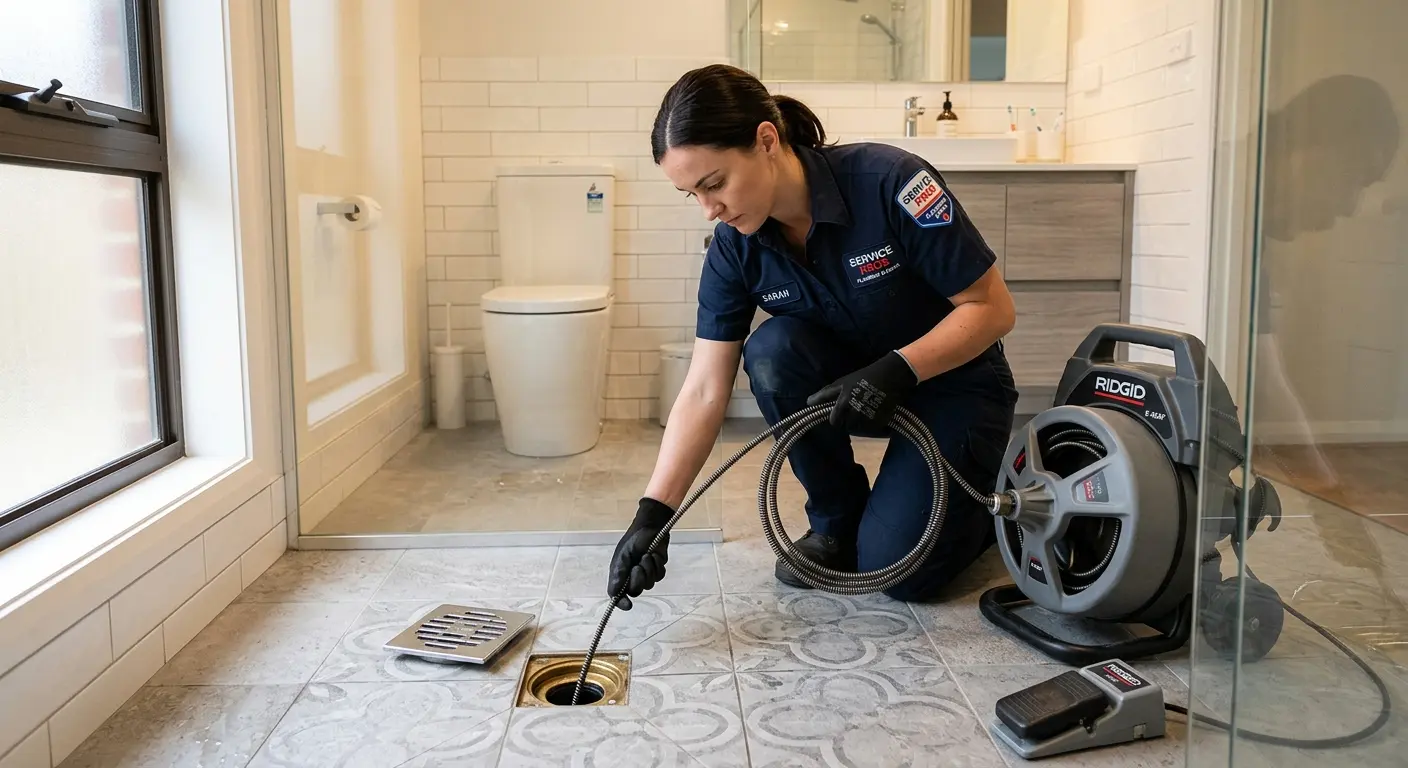 Technician clearing a bathroom floor drain for Drain Cleaning in Fort Wright